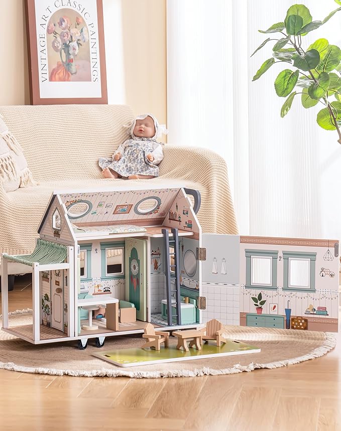 Wooden Realistic Camper Van Dollhouse with Handle & Wheels, Includes Mini Kitchen