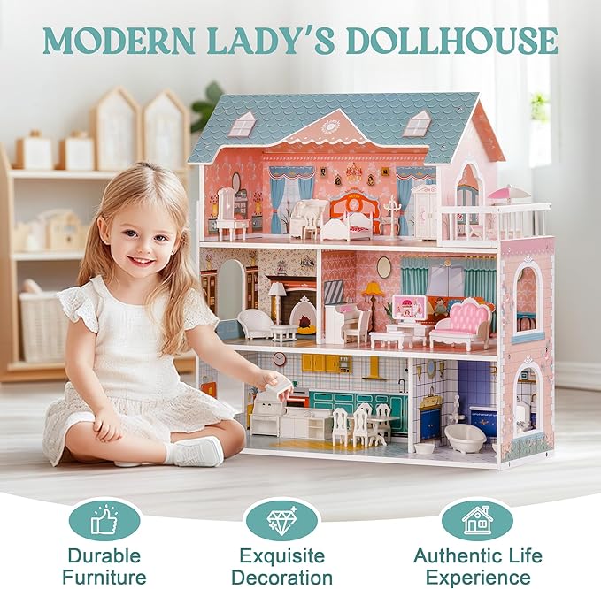 Wooden Dollhouse for Kids Girls, Toy Gift for 3 4 5 6 Years Old